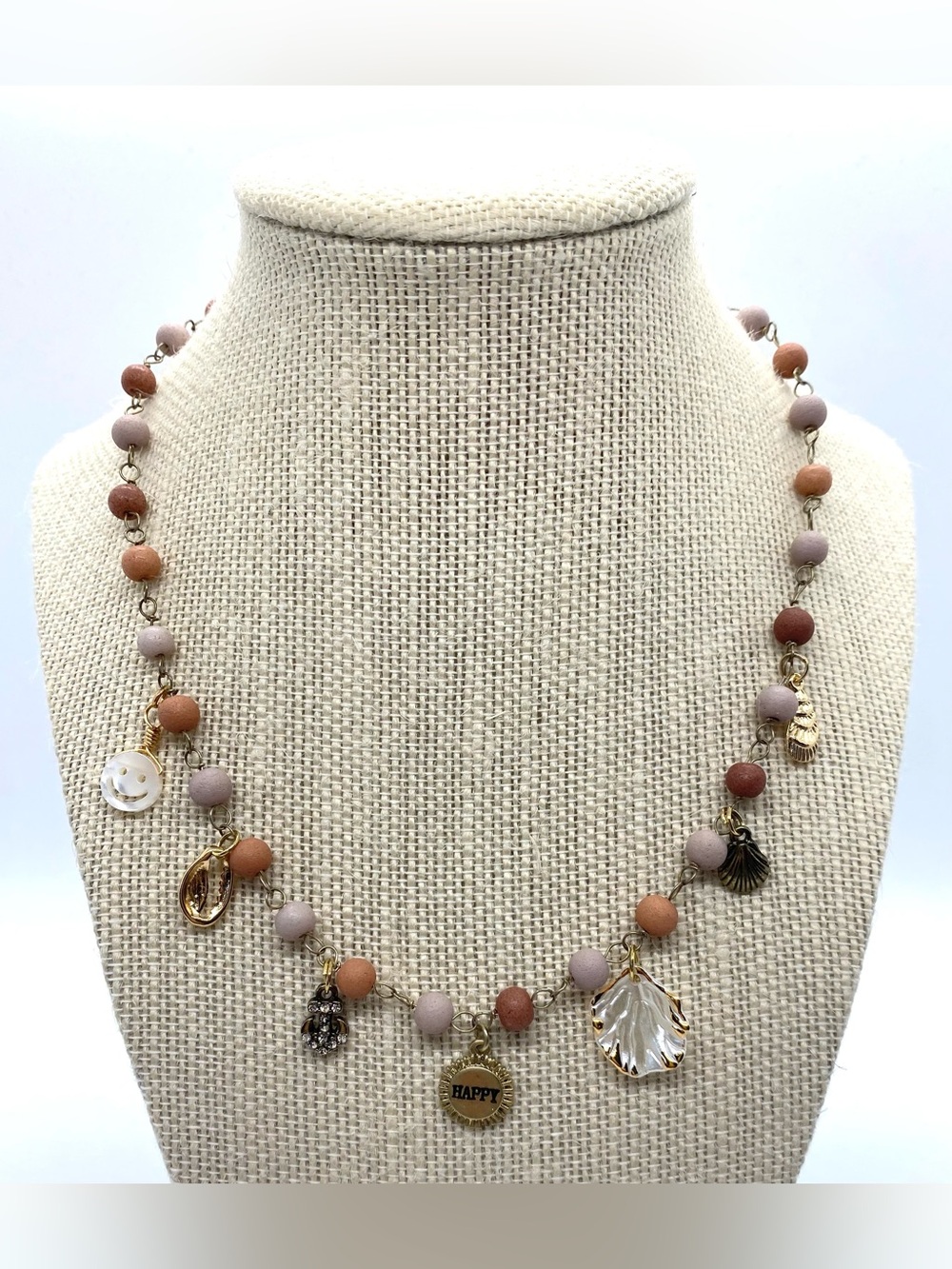 Pink Beaded Necklace Coastal Charms Boho Fall Festival Eclectic Cottagecore
